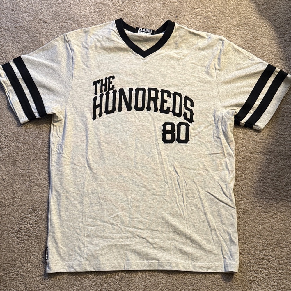 NWOT The Hundreds 80 Shirt Mens XL Gray, Black Stripes Embroidered Short Sleeve
